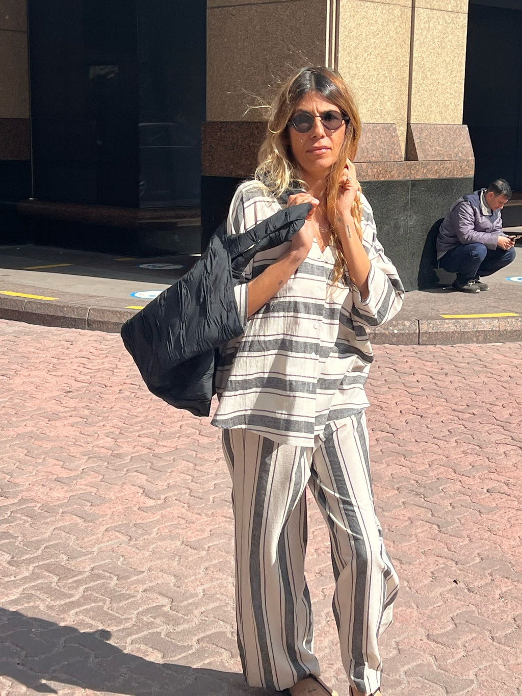 Özel Dokuma Beli Lastikli Pamuklu Siyah/ Ekru Çizgili Pantolon