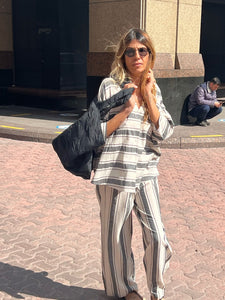 Özel Dokuma Beli Lastikli Pamuklu Siyah/ Ekru Çizgili Pantolon