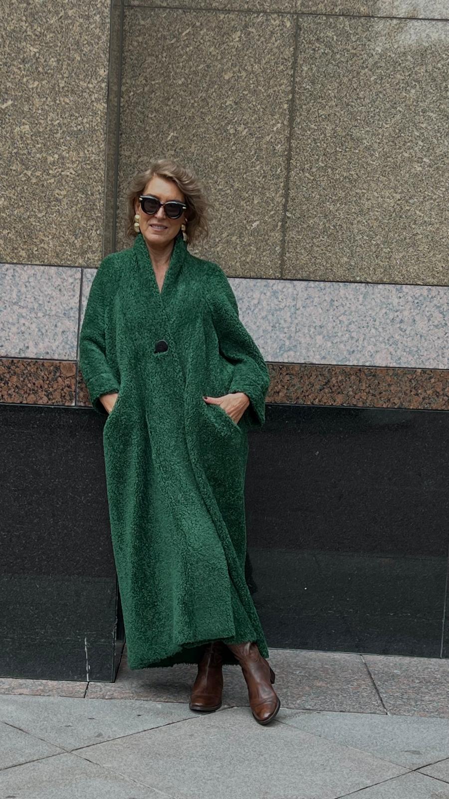 Yeşil Modern Rahat Kalıp Peluş Palto