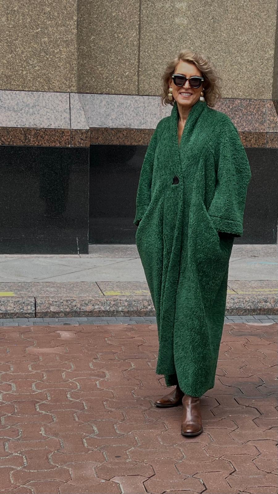 Yeşil Modern Rahat Kalıp Peluş Palto