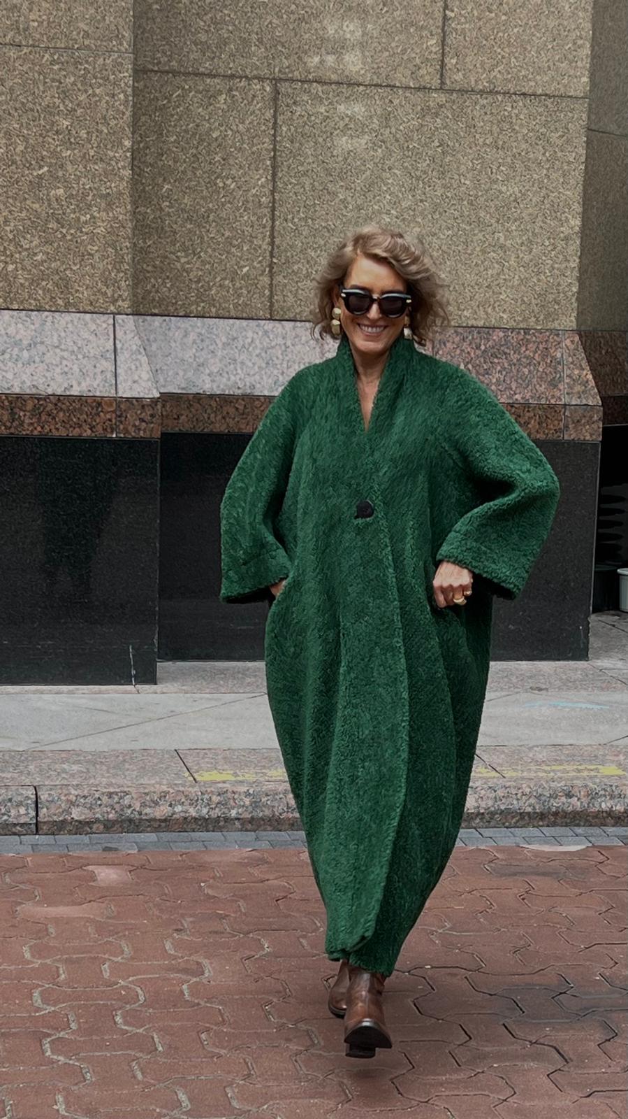 Yeşil Modern Rahat Kalıp Peluş Palto