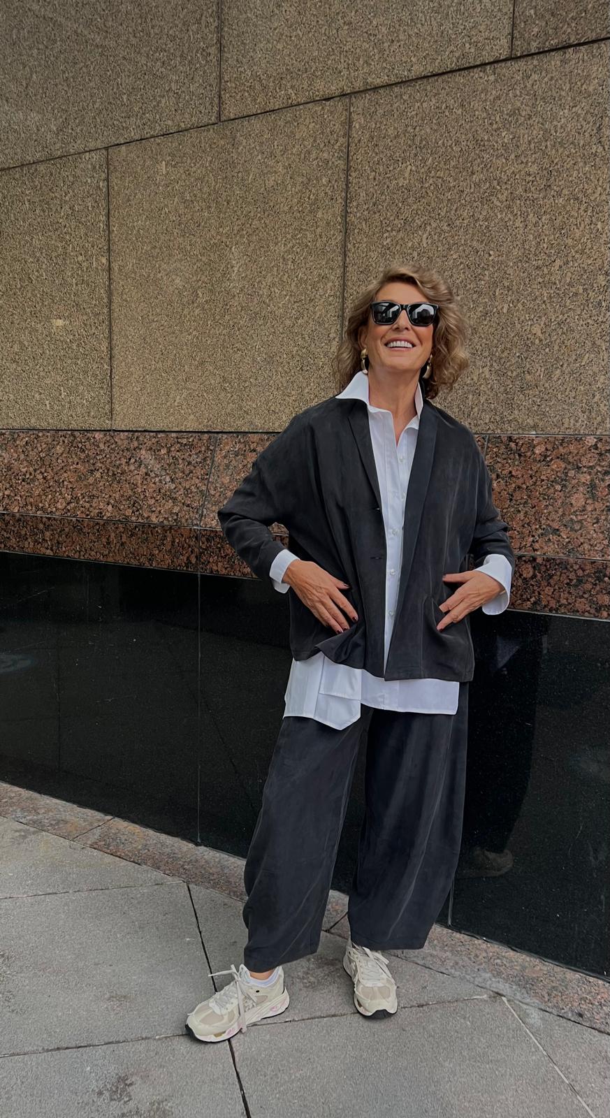 Gri Tensel Rahat Kesim Astarsız İki Düğmeli Ceket