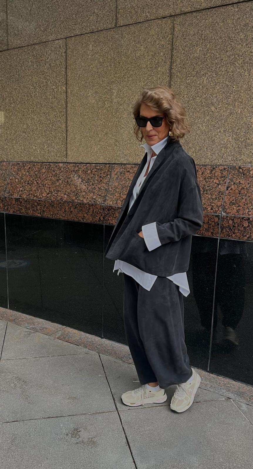 Gri Tensel Rahat Kesim Astarsız İki Düğmeli Ceket