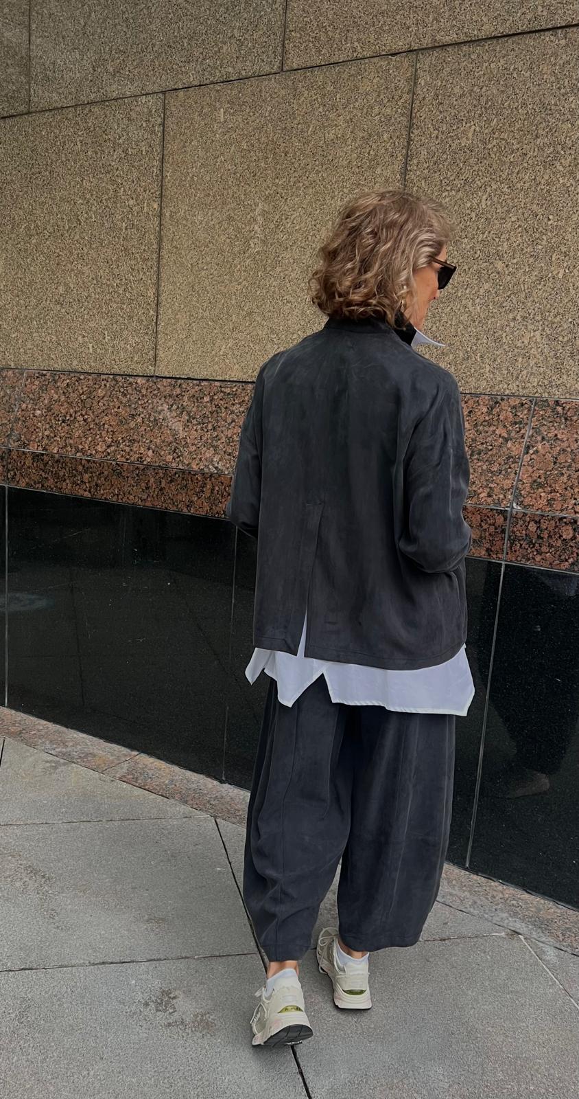 Gri Tensel Rahat Kesim Astarsız İki Düğmeli Ceket